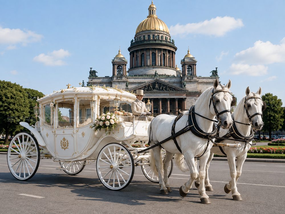 Карета с двумя белыми лошадьми