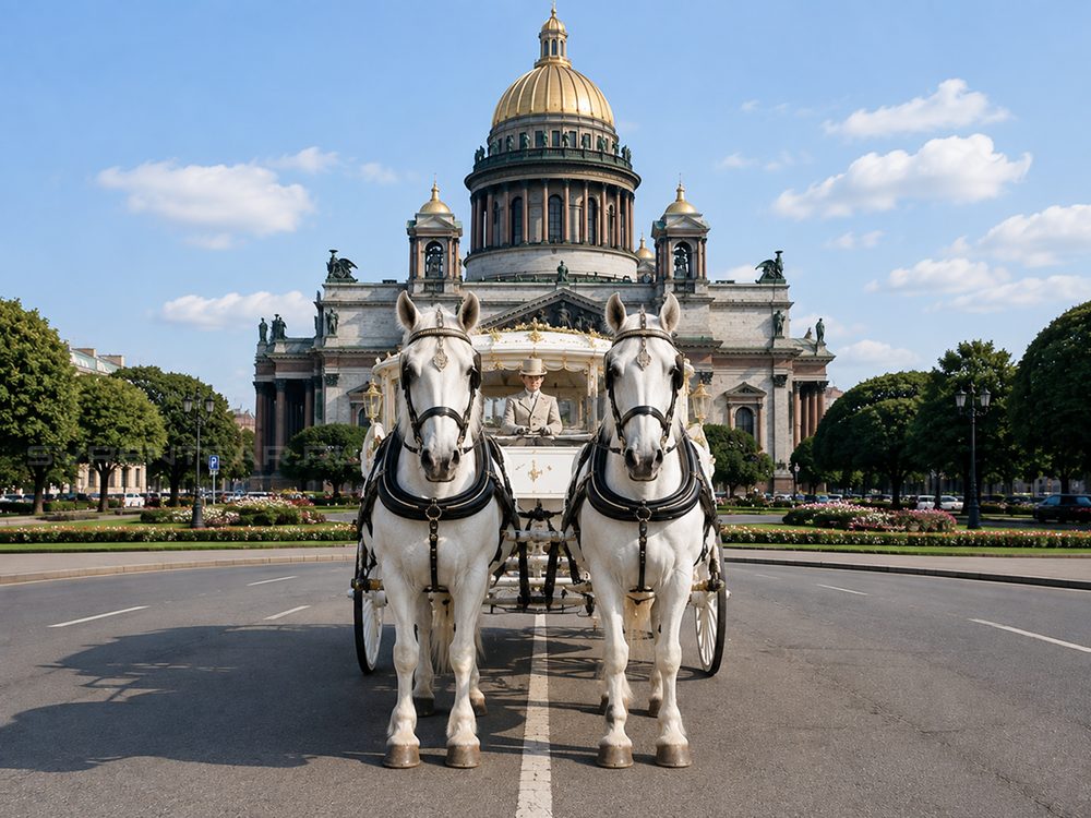 Карета с двумя белыми лошадьми